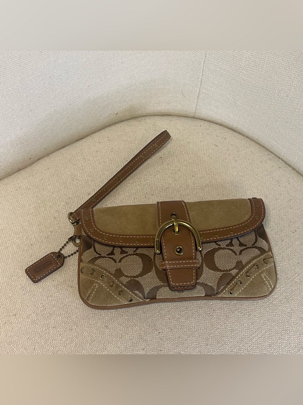 Coach iconic SOHO  Brown Signature Canvas & suede Leather Wristlet